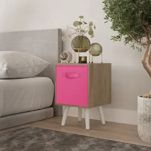 URBNLIVING 50cm Height Dark Pink 1-Drawer Cube Oak Shelving Unit with Scandinavian White Legs