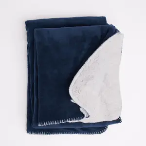 Brentfords Sherpa Throw Over Flannel Fleece Fluffy Blanket Mink - Navy