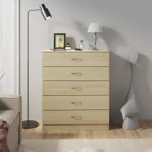 SunDaze Chest of Drawers Bedroom Furniture Bedside Cabinet with Handle 5 Drawer Oak 75x36x90cm