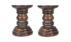 SET OF 2 Rustic Antique Carved Wooden Pillar Church Candle Holder, Light Brown,Medium 19cm