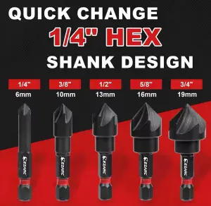 EZARC 5PCS Countersink Drill Bit Set for Metal, 1/4" Hex Shank, 6-19mm, 5 flute