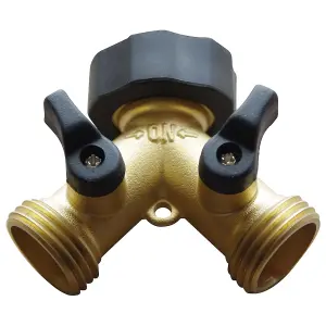 2 Way Garden Tap Connector, Brass Garden Hose Tap Y Splitter Connector with Individual On/Off Valves