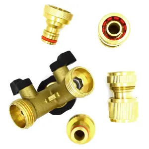 2 Way Garden Tap Connector, Brass Garden Hose Tap Y Splitter Connector with Individual On/Off Valves and 2 Matching Connectors