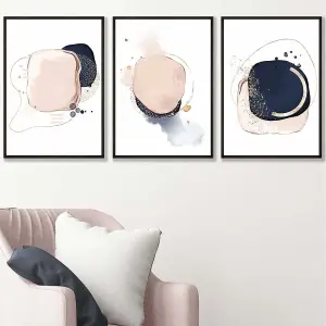 Set of 3 Framed Abstract Navy Blue and Blush Pink Wall Art Prints / 42x59cm (A2) / Black Frame