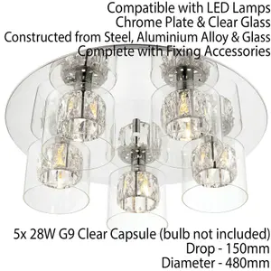 Flush Ceiling Mount Light Chrome Crystal Chandelier Round Modern Bulb Pendant