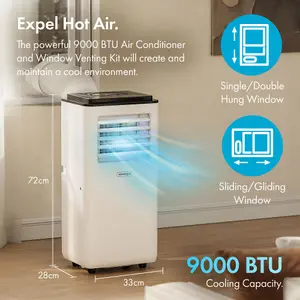 VonHaus Air Conditioner 9000 BTU, Portable Air Conditioning Unit with Window Venting Kit, Remote Control, 5 Modes, 2 Speeds