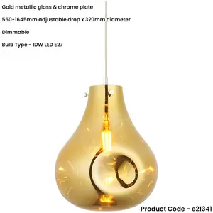 Hanging Ceiling Pendant Light - Large Gold Metallic Glass & Chrome Plate - 10W LED E27