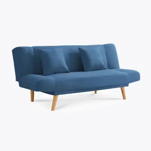 3 Seater Sofa Bed With Matching Cushions Wooden Legs, Blue