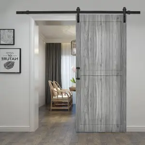 Grey Farmhouse Style Wood Grain Wooden Internal Sliding Door Barn Door with 6ft Steel Hardware Kit, 91 x 213cm