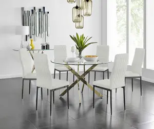 Furniturebox UK Novara 120cm Gold Round Dining Table and 6 Cream Velvet Milan Black Leg Chairs