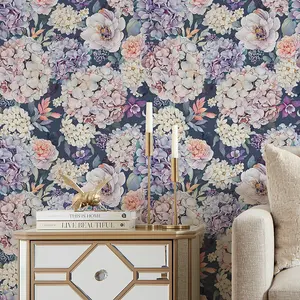 Hydrangea Bouquet Wallpaper in Soft Pastels on Navy