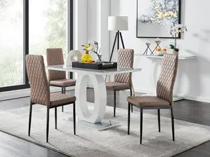 Giovani Rectangular 4 Seat White High Gloss Unique Halo Dining Table Grey Glass Top 4 Beige Faux Leather Black Leg Milan Chairs