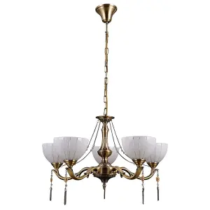 Luminosa Stylized Chandeliers Golden 5 Light  with Milky, Glass Shade, E27