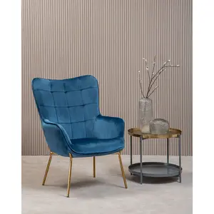 Interiors by Premier And Durable Blue Velvet Armchair with Gold Legs, High Back Patterned Armchair, Easy to Maintain Bucket Chair