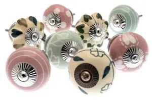 MangoTreeKnobs - Mixed Set of Pink, Eau de nil and Cream Ceramic Cupboard Knobs x Pack 8 (MG-193)