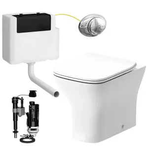 Square Back to Wall Toilet Pan with Soft Close Slim Seat and Concealed Cistern Chrome Oval Push Button