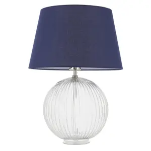 Table Lamp Clear Ribbed Glass & Navy Cotton 40W E27 GLS Base & Shade