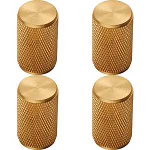 4x Knurled Cylindrical Cupboard Door Knob 18mm Dia Satin Brass Cabinet Handle