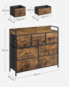 SONGMICS Bedroom Organizer, Chest of 7 Fabric Drawers, Metal Framed Cabinet, Rustic Brown and Ink Black