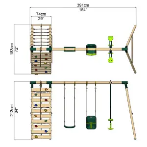 Rebo Wooden Swing Set with Up and Over Climbing Wall - Sienna Green