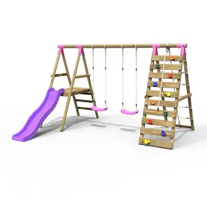 Rebo Wooden Swing Set with Deck and Slide plus Up and Over Climbing Wall - Jade Pink