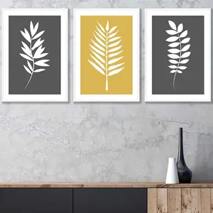 Set of 3 Grey Yellow Graphical Leaves Wall Art Prints / 42x59cm (A2) / White Frame