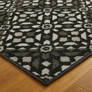 Charcoal Outdoor Rug, Geometric Stain-Resistant Rug For Patio Decks Garden, 6.3mm Modern Outdoor Area Rug-200cm X 285cm