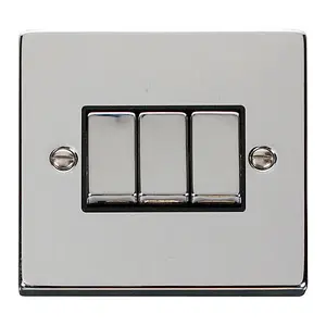 Polished Chrome 10A 3 Gang 2 Way Ingot Light Switch - Black Trim - SE Home