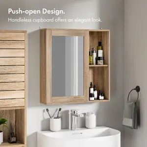 VonHaus Bathroom Mirror Cabinet, Oak Wood Effect Cabinet with Mirror with Adjustable Internal Shelf & Handleless Design, Chester