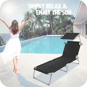 Sun Lounger - foldable, adjustable sunshade and 4-step backrest - black