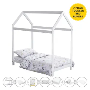 7pcs Safari Friends Harper Toddler Bed House White Bundle (KF Mattress, Toddler Bed Pillow & Duvet Set) Kids bedroom Furniture