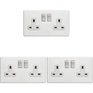 3 PACK 2 Gang Double DP 13A Switched UK Plug Socket SCREWLESS MATT WHITE Power