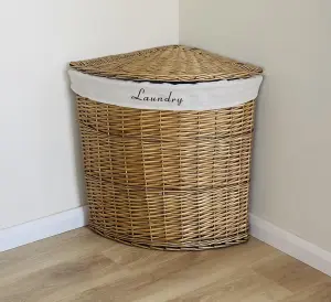 Brown Corner Wicker Laundry Basket with Cotton Lining Medium 48x37x52cm