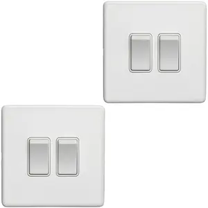 2 PACK 2 Gang Double Light Switch SCREWLESS MATT WHITE 2 Way 10A Slim Rocker