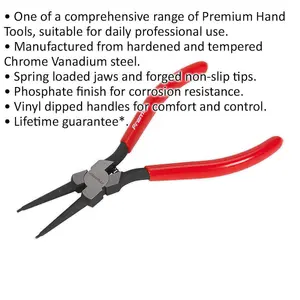 180mm Straight Nose Internal Circlip Pliers - Spring Loaded Jaws - Non-Slip Tips