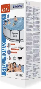 Bestway 14ft Steel Pro Max Round Frame Swimming Pool With Filter Pump Grey Family Kids