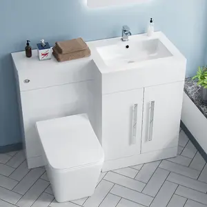 Nes Home RH 1100 mm L-Shape White Basin Vanity Unit WC BTW Rimless Toilet