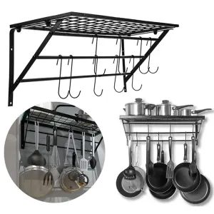 Kitchen Metal Shelves Saucepan Pan Pot Rack Storage Shelf with 10 Hooks Wall Mounted W 90 cm