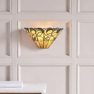 Tiffany Glass Floral Design Wall Light - Matt Black Steel - Dimmable LED Lamp