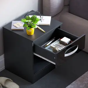 Arkadij High Gloss 1 Drawer Manufactured Wood Bedside Table, Modern Bedroom Cabinet Black