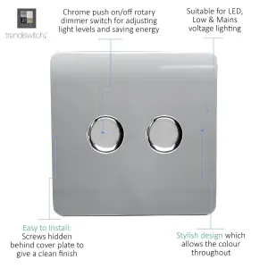 Trendi Switch 2 Gang 1 or 2 way 150w Rotary LED Dimmer Light Switch in Platinum Silver