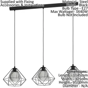 Hanging Ceiling Pendant Light Geometric Black & Glass 3x E27 Kitchen Island