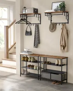 VASAGLE Wall Mounted Coat Rack with Storage Shelf, Wall Shelf with 5 Removable Hooks, Hanging Shelf, Rustic Brown and Black