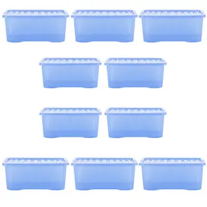 Wham Crystal Sparkle 10x 45L Plastic Storage Boxes with Lids Tint Sparkle Blue. Medium Size, Strong (Pack of 10, 45 Litre)