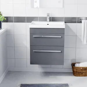 Nes Home Nanuya 500mm Wall Hung 2 Drawer Vanity Basin Unit Steel Grey