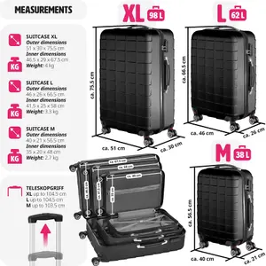 Suitcase Set - 3 hard-shell suitcases with telescopic handle, removable wheels - black