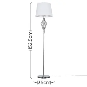 ValueLights Jaspa Modern Polished Chrome Metal Wire Geometric Diamond Design Floor Lamp with White Tapered Shade