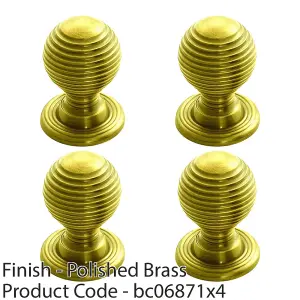 4 PACK - Reeded Ball Door Knob - 23mm Polished Brass Lined Cupboard Pull Handle & Rose