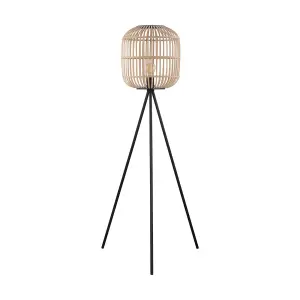 Tripod Floor Lamp Light Black & Wicker 1 x 28W E27 Bulb Tall Living Room