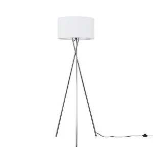 ValueLights Camden Modern Polished Chrome Metal Tripod Floor Lamp with White Cylinder Shade - Includes 6w LED Bulb 3000K